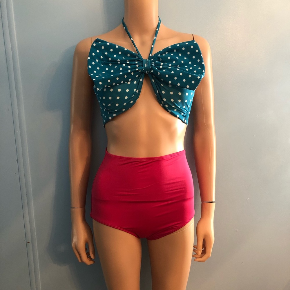 Aqua Polk-a-dots and pink 2 piece swim suit